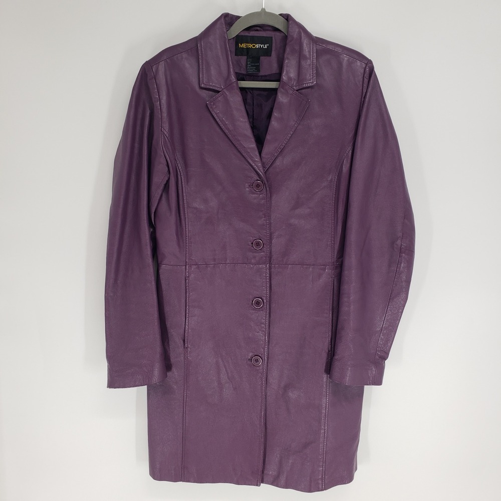 Y2K Metrostyle Purple Genuine Leather Trench Coat Women 12T 12 TALL Long Button